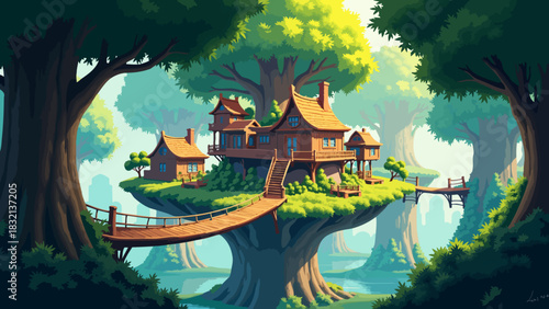 Fantastical Anime Treehouse Village Vector Background