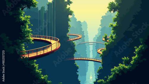 Detailed Anime Forest Canopy Walk Vector Background