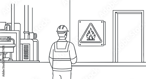 A worker observing a fire hazard warning sign in a factory setting, illustrated in black and white outline vector style, ideal for safety manuals and training materials