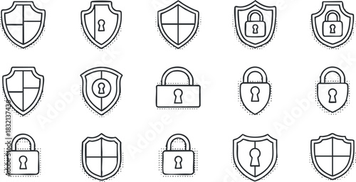 A collection of shield and lock icons in clean outline vector style, ideal for security and protection themes
