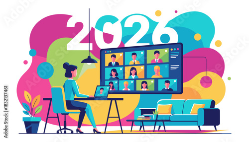 2026 remote work trends Woman in virtual video meeting with team on screen