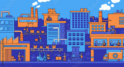 Illustration of a bustling factory production line and warehouse complex with workers and logistics