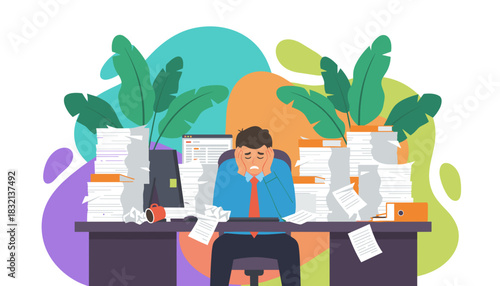 Businessman overwhelmed by paperwork and deadlines Stress burnout and massive workload concept