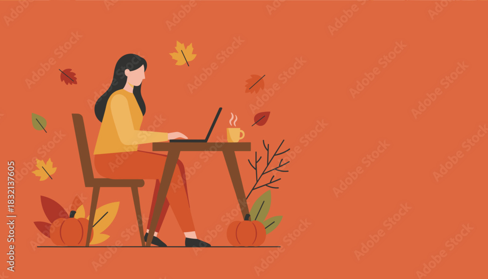Fototapeta premium Cozy autumn remote work scene Woman uses laptop with hot drink and fall decorations