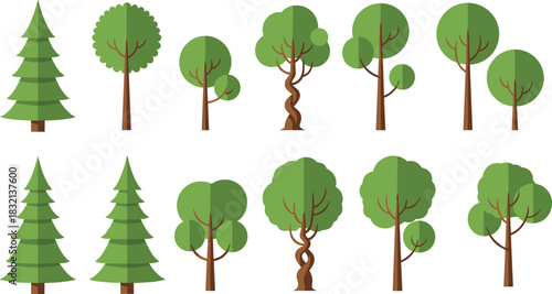 PrintDiverse Collection of Flat Design Green Trees Vector Set, Abstract Forest Elements for Nature Background, Pine and Deciduous Park Graphic Illustrations, Environment and Ecology Icons.