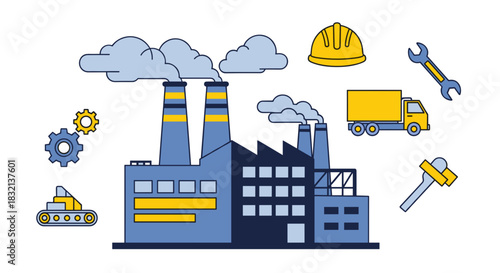 Factory and industry icons manufacturing plant gears truck tools safety helmet and emissions