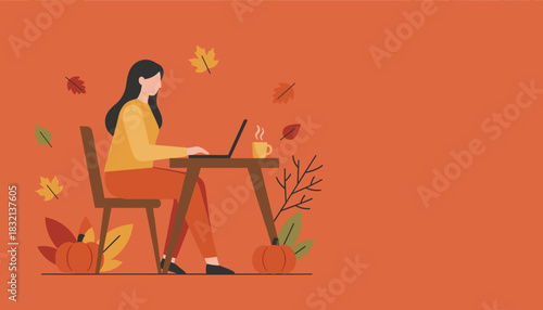 Cozy autumn remote work scene Woman uses laptop with hot drink and fall decorations