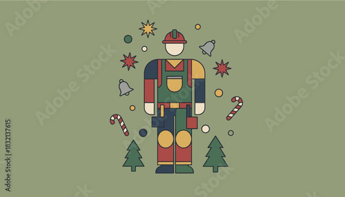 Geometric illustration of a tradesman surrounded by festive Christmas symbols Service industry holiday