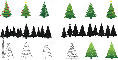 PrintDiverse Christmas Tree Icon Set Collection, Decorated Festive Pine Trees, Forest Silhouette and Outline Styles, Holiday Celebration Elements, Vector Graphics for Seasonal Design and Decoration
