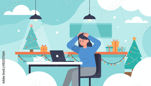 Holiday work burnout Frustrated woman stressed by deadlines working late near Christmas trees