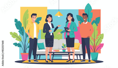 Business professionals collaborating in a modern office with tropical plants Team discussion