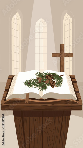 Church altar with open book and pine branches for Christmas celebration. Altar features wooden podium, cross in background, and elegant light streaming through stained glass windows.