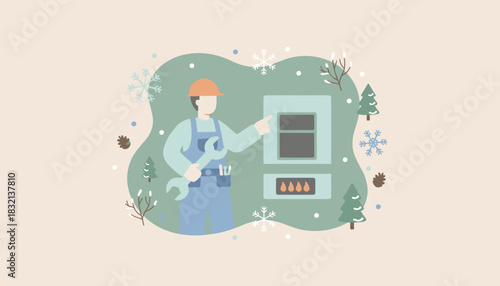 HVAC technician repairing a home heating system during cold winter weather