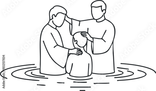 A baptism ceremony illustration featuring two adults and a child in minimalist outline vector style, suitable for religious and spiritual themes