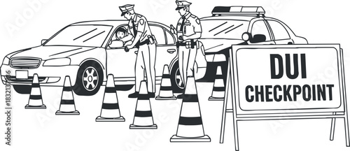 A DUI checkpoint scene featuring police officers inspecting vehicles in a black and white outline style, suitable for traffic safety awareness materials