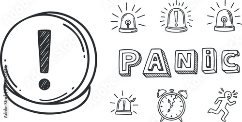 A panic alarm symbol with exclamation mark, alarm bells, and running figure in playful outline vector style, suitable for mental health awareness and emergency communication