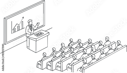 A business presentation scene with a speaker in front of an audience in minimalist outline vector style, ideal for educational and corporate materials