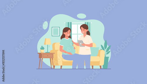 Home prenatal care Nurse with tablet consults a happy pregnant woman on the couch