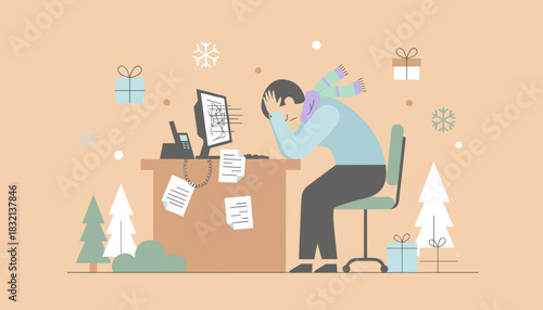 Corporate burnout Tired employee overworked at desk during the stressful holiday season