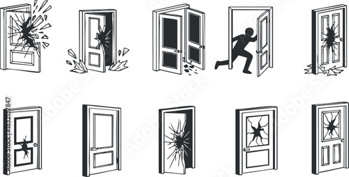 A collection of door illustrations depicting broken doors and a person escaping in black and white vector style, suitable for emergency or action-themed projects