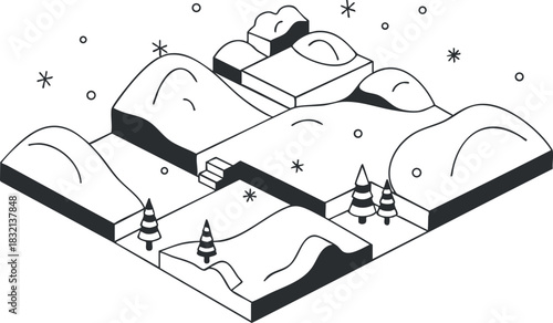 An isometric winter landscape featuring snow-covered mountains and trees in minimalist vector style, perfect for outdoor adventure themes