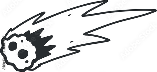 A cartoon-style comet with a fiery tail in black and white outline vector style, suitable for space-themed designs and illustrations