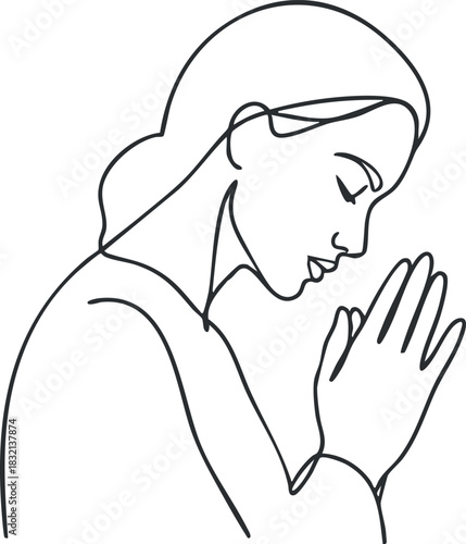 A woman praying with hands together in a minimalist outline vector style, suitable for wellness and spirituality themes