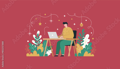 Remote worker using laptop at a festive desk surrounded by holiday decor and plants Illustration