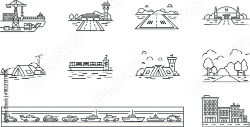 A collection of transportation icons including an airport, cargo ship, vehicles, and scenic landscapes in minimalist line vector style, perfect for travel and logistics projects