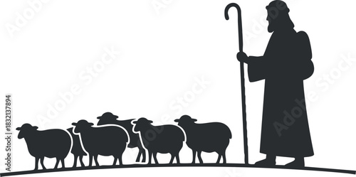 A silhouette of a shepherd guiding a flock of sheep in minimalist vector style, ideal for agricultural themes