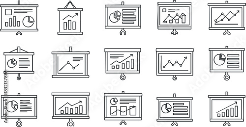 A collection of presentation boards featuring various charts and graphs in minimalist black and white vector style, suitable for business and analytics projects