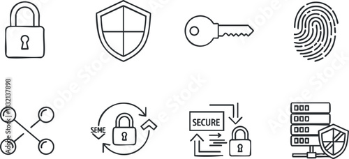 A collection of security icons featuring a padlock, shield, key, fingerprint, and data symbols in minimalist vector outline style, ideal for technology and cybersecurity projects