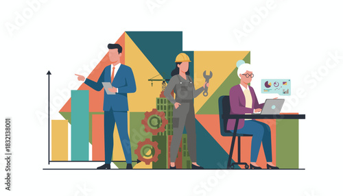 Diverse professional careers business engineering and data analysis driving industry growth