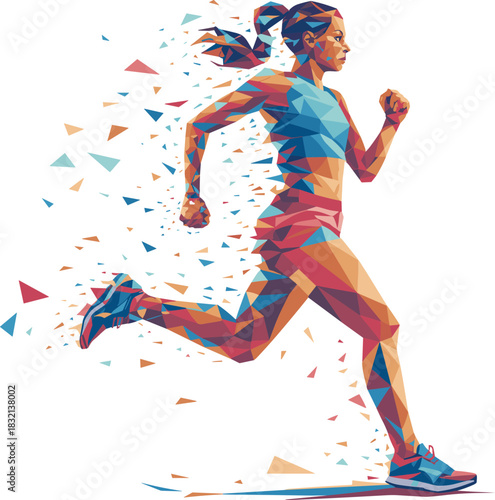 WebDynamic and Colorful Low Poly Abstract Illustration of a Female Runner Expressing Speed, Motion, and Energetic Fitness on a White Background.