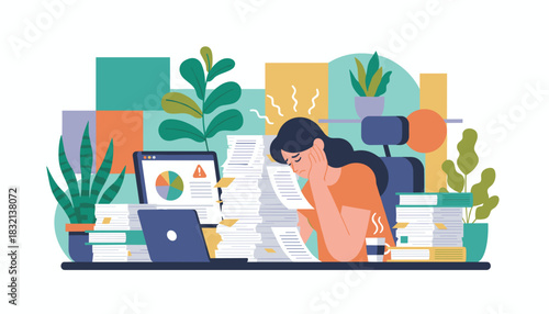 Office burnout illustration Frustrated woman dealing with overwhelming work and stress