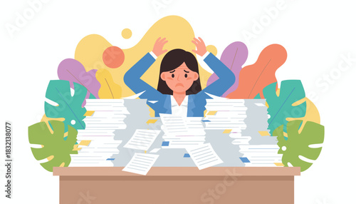 Stressed businesswoman overwhelmed by heavy workload and large piles of office documents Burnout concept