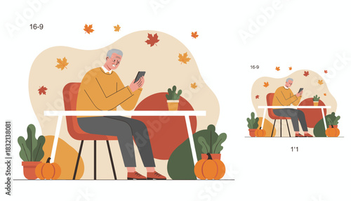 Senior man using smartphone at an outdoor autumn table surrounded by pumpkins and fall leaves