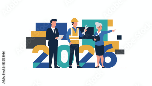 Diverse business management and industry team collaborating for 2026 planning and success