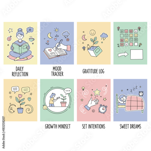 Doodle illustrations of mental wellness concepts daily reflection mood tracking gratitude growth mindset and sleep