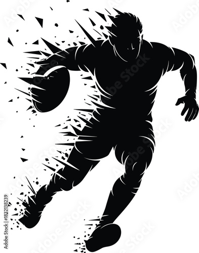 WebDynamic silhouette of a male rugby or football player running fiercely with the ball, created with an abstract explosion of geometric shapes, symbolizing speed and power