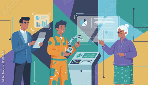 Diverse team analyzing data and robotics control systems in a modern innovative hightech industry setting