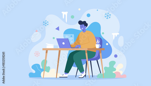 Young man working remotely on a laptop during winter with coffee Business and freelance concept