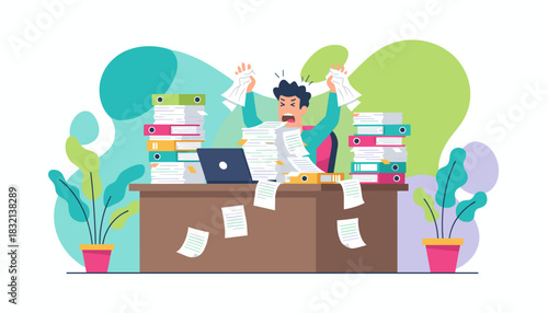 Frustrated employee overwhelmed by huge stacks of paperwork and deadlines