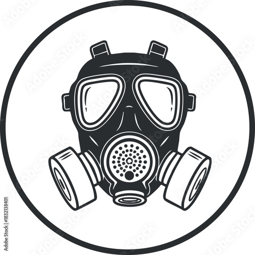 A gas mask illustration in black and white outline vector style, suitable for safety and industrial design projects