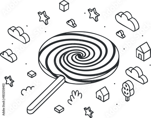 A colorful lollipop with a spiral design surrounded by playful clouds, stars, and houses in a minimalist line art style, suitable for children's party themes or candy shop branding