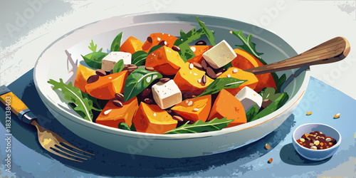 Fresh vegetable salad with chicken and cheese on a white plate is a delicious and healthy meal