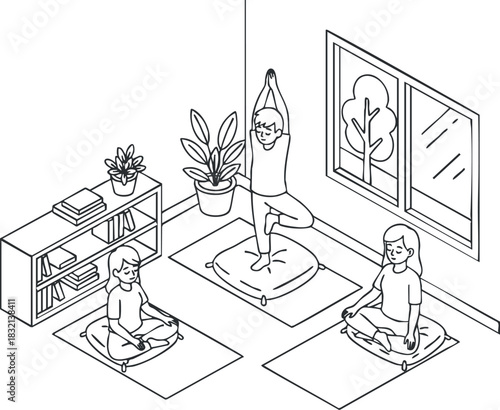A group of individuals practicing yoga and meditation in a minimalist line art style, suitable for wellness and fitness themes
