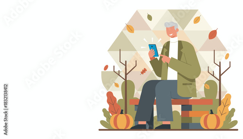 Happy senior man using a smartphone outdoors in an autumn setting Digital communication and modern lifestyle