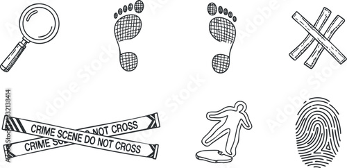 A collection of crime scene investigation icons including footprints, a magnifying glass, and fingerprint in black and white vector style, ideal for law enforcement graphics