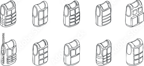 A collection of tactical vests in outline vector style, suitable for outdoor and military design projects